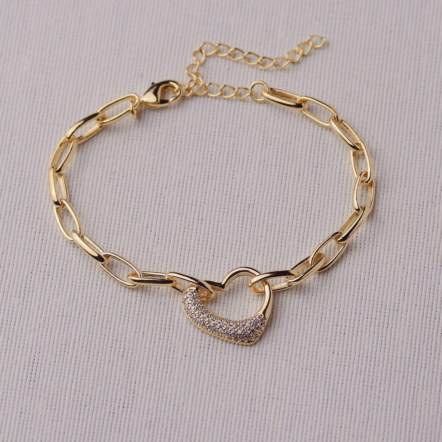 Pulseira Dourada Coração Cravejado 17+6cm