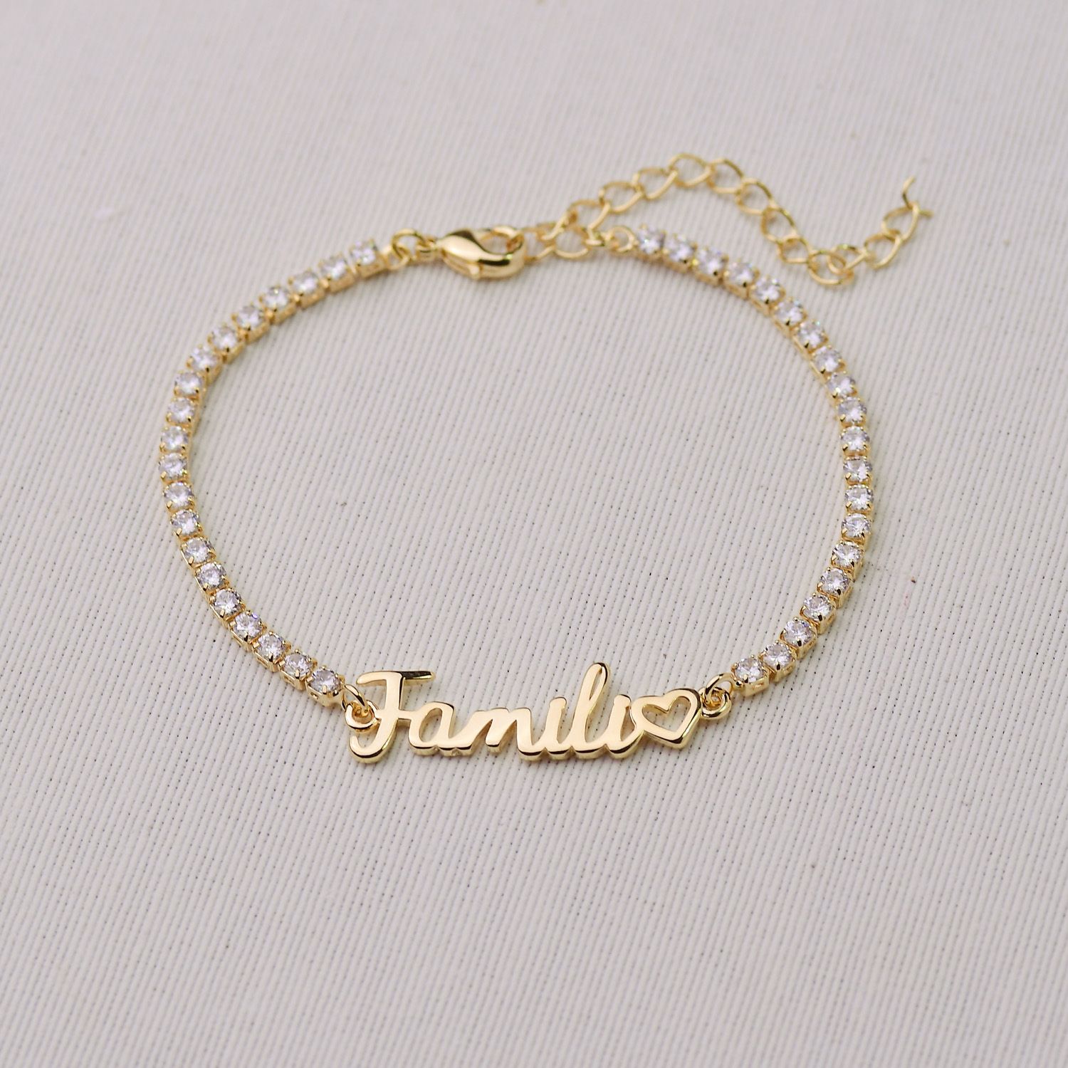 Pulseira Dourado Família com Riviera em Zircônias Cristais 18+5cm