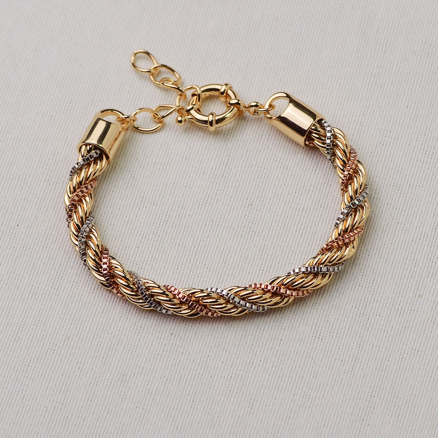 Pulseira Cordão Baiano 18+4cm Dourada, Rose e Ródio