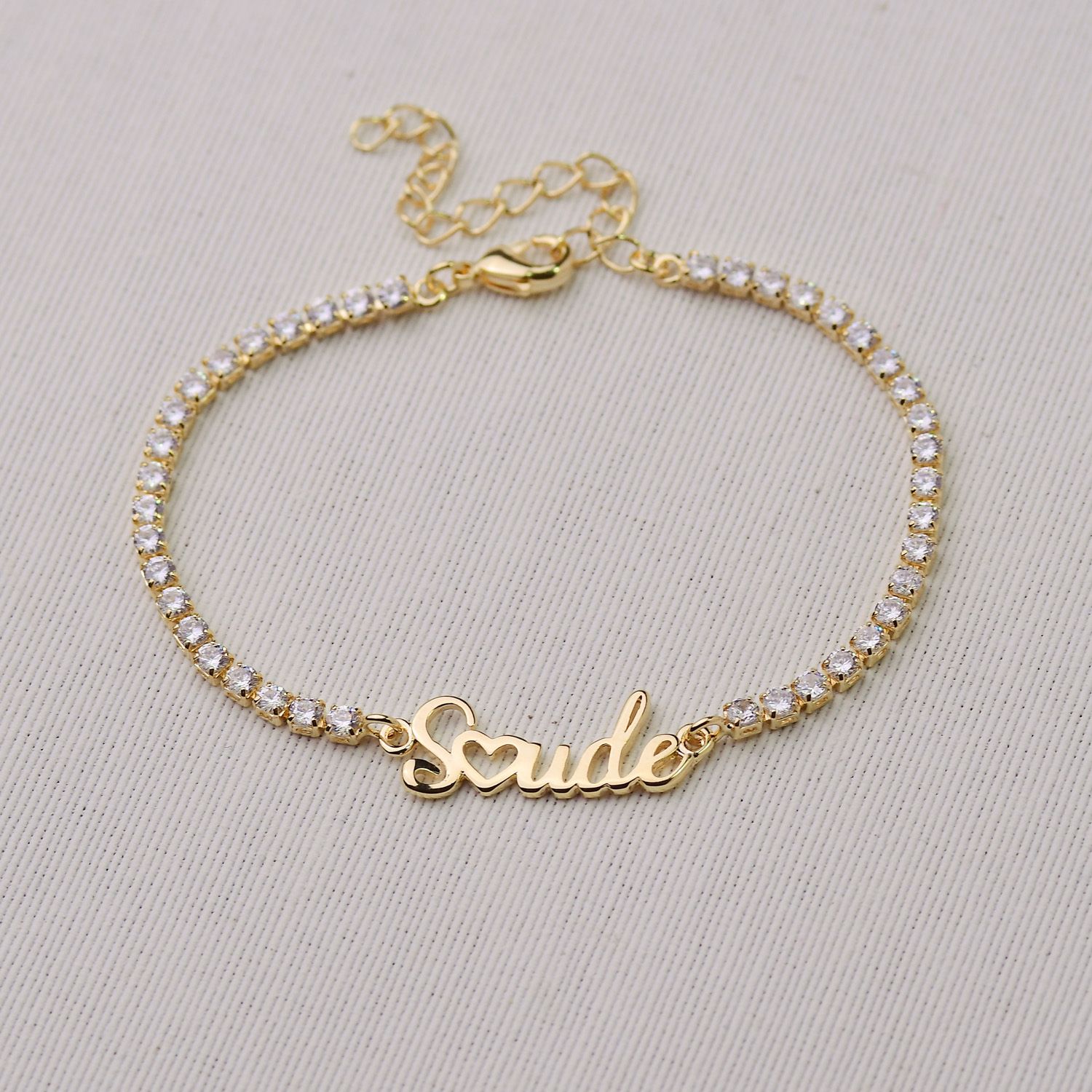 Pulseira Dourado Saúde com Riviera em Zircônias Cristais 17+5cm