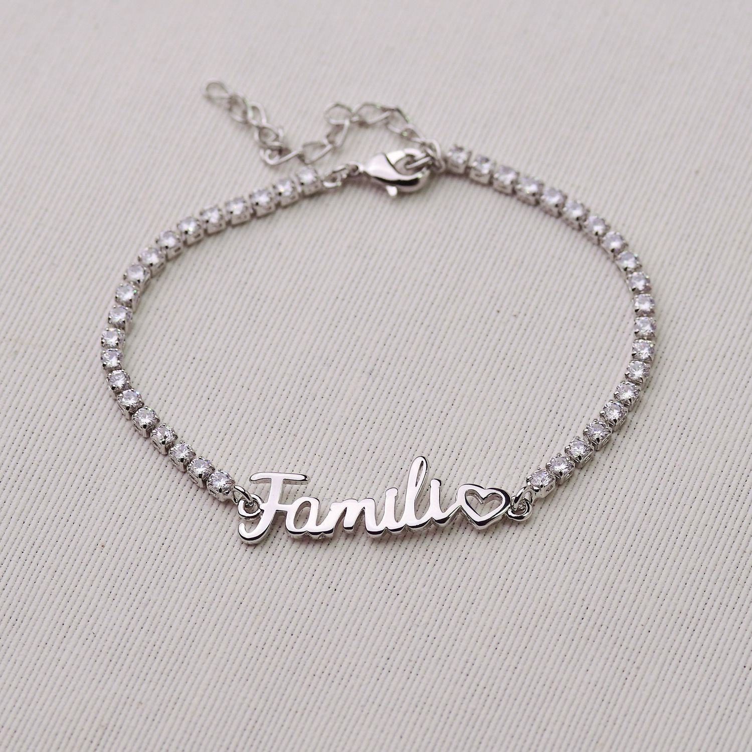 Pulseira Ródio Família com Riviera em Zircônias Cristais 18+5cm