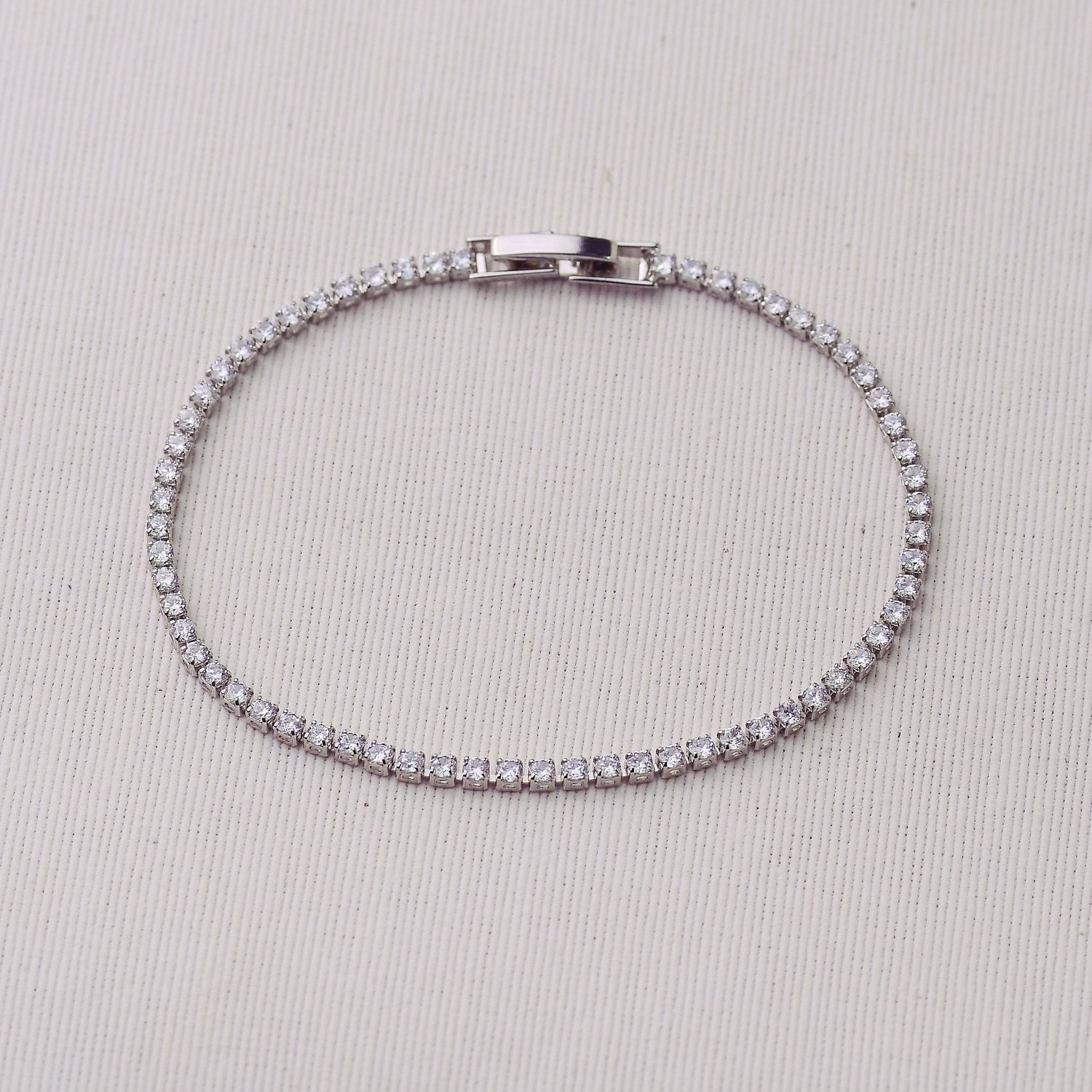 Pulseira Ródio Riviera Cravejado com Zircônias 2mm Cristais 18cm